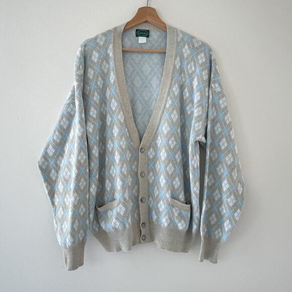 Vtg 80's IZOD Pastel Argyle Plaid V Neck Cardigan Italy Sz L Grunge Golf Grandpa - Picture 1 of 10
